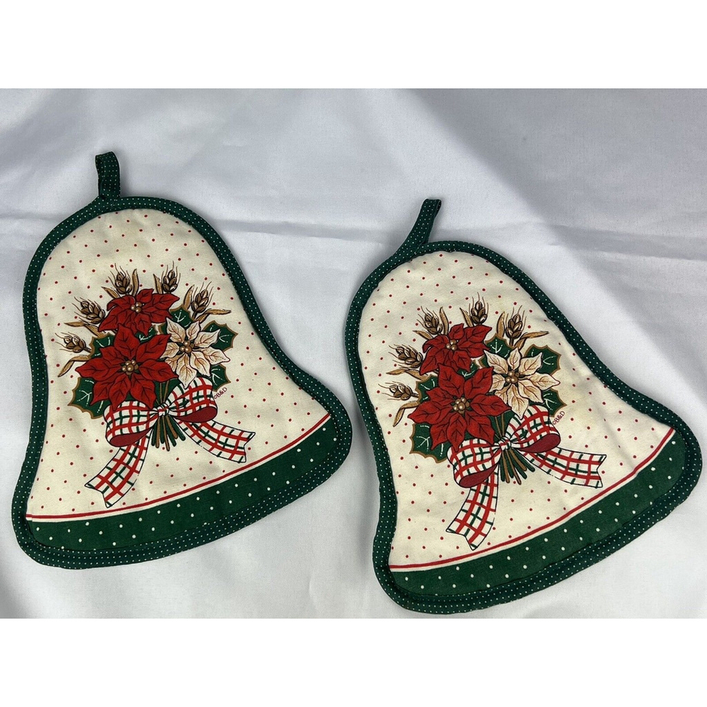 TWO B & D Vintage Christmas Potholders Bell Shaped Quilted Back Poinsettia